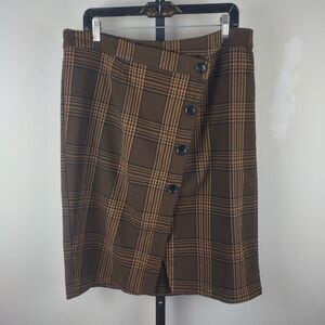 Cato Brown Plaid Knee Length Pencil Skirt Asymmetrical Button Detail